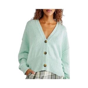 Free People Popcorn Knit Cardigan Size S Oversized Button Front Mint, Lagenlook